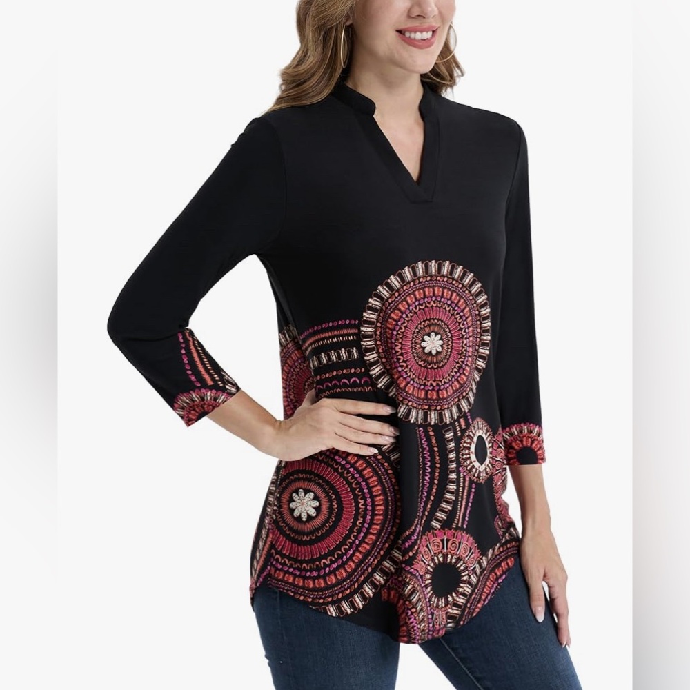 🍓$5 Pick!🍓BAISHENGGT 3/4 Sleeve Floral Printed Notch V Neck Blouses Tunic Blouse - Picture 2 of 5